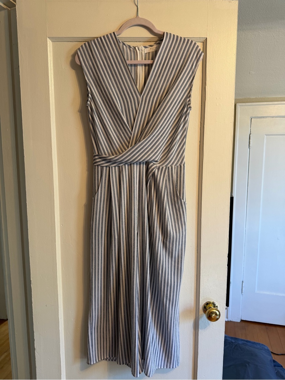 Sleeveless V-Neck Striped Jumpsuit in Blue and White